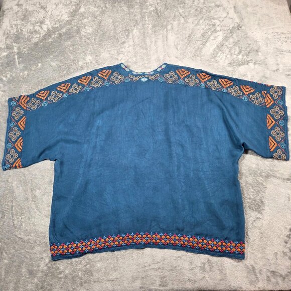 Johnny Was Top Womens M Blue Brony Embroidered Blouse Peacock Boho - Picture 9 of 11